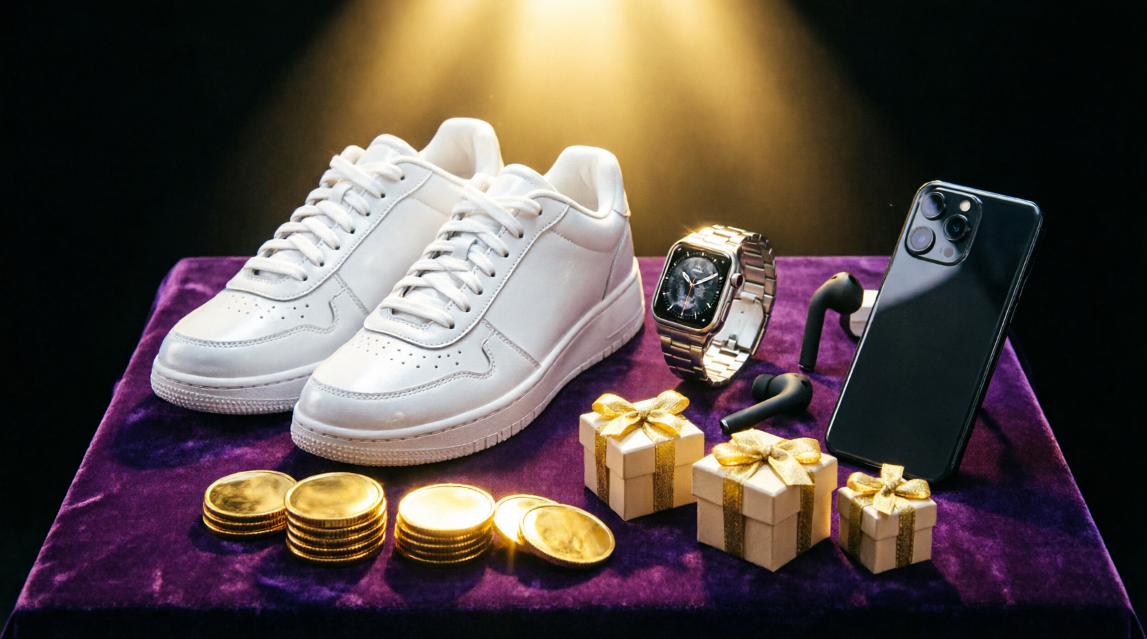 Deretan hadiah premium WinShakes: sneakers, smartwatch, smartphone, earbuds, dan koin emas sebagai peluang profit